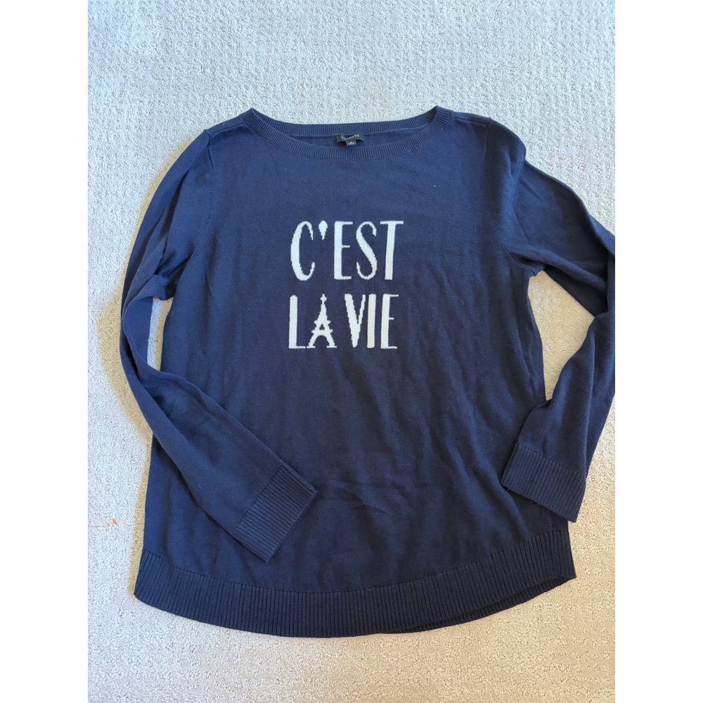 Talbots Graphic Sweater Medium Navy Blue C'est La Vie Eiffel Tower Paris Travel